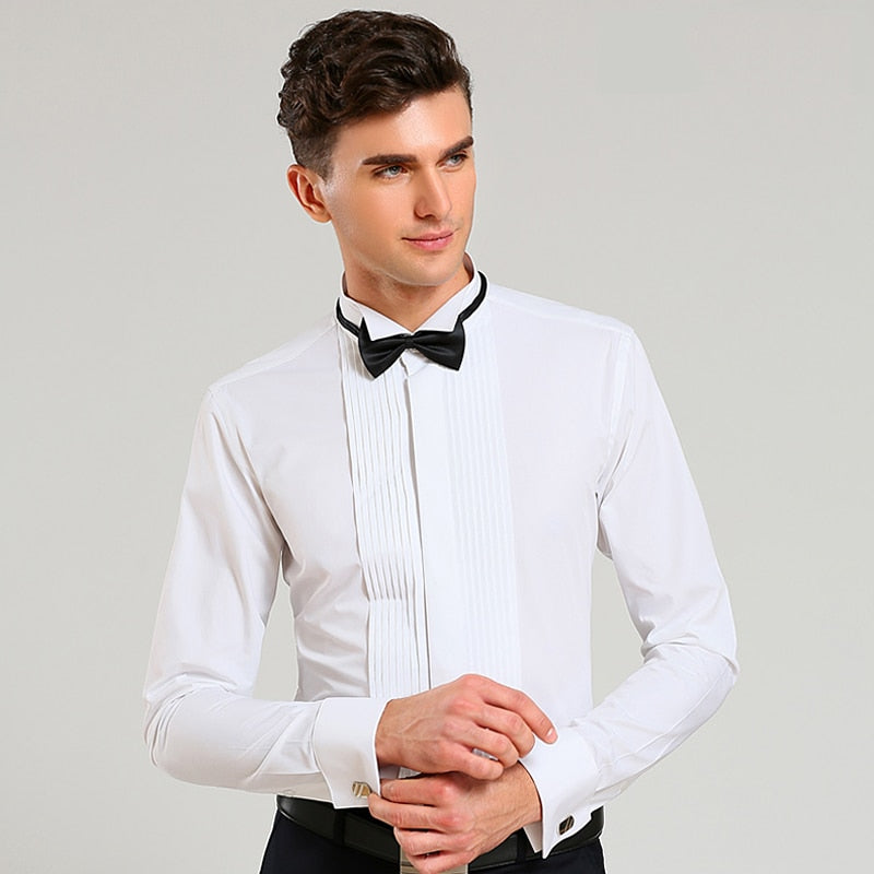 Esmoquin de boda para hombre, camisas de vestir de manga larga, gemelos franceses, pliegue de cola de golondrina, diseño de botones oscuros, camisa de caballero, blanco, rojo y negro