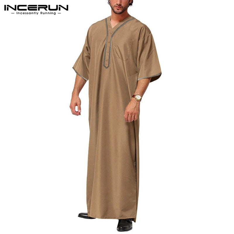 Men Vintage Half Sleeve Muslim Kaftan Robes Leisure V Neck Printed Jubba Thobe Casual Solid Patchwork Arabic Clothes 5XL INCERUN