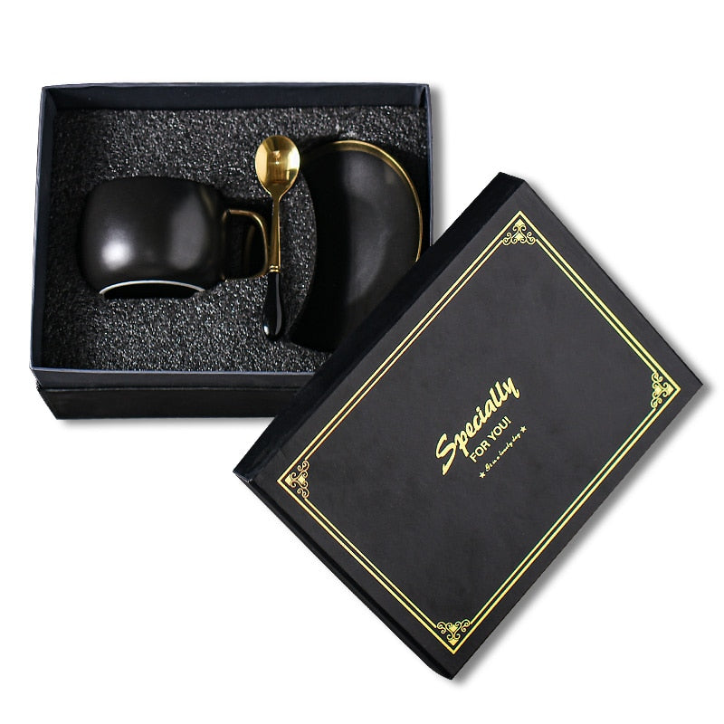 Luxus Schwarz Gold Keramik Kaffeetasse Espresso Kaffee Tee Frühstück Milch Tasse Und Untertasse Set Mit Löffel Und Untertasse Geschenkbox Set