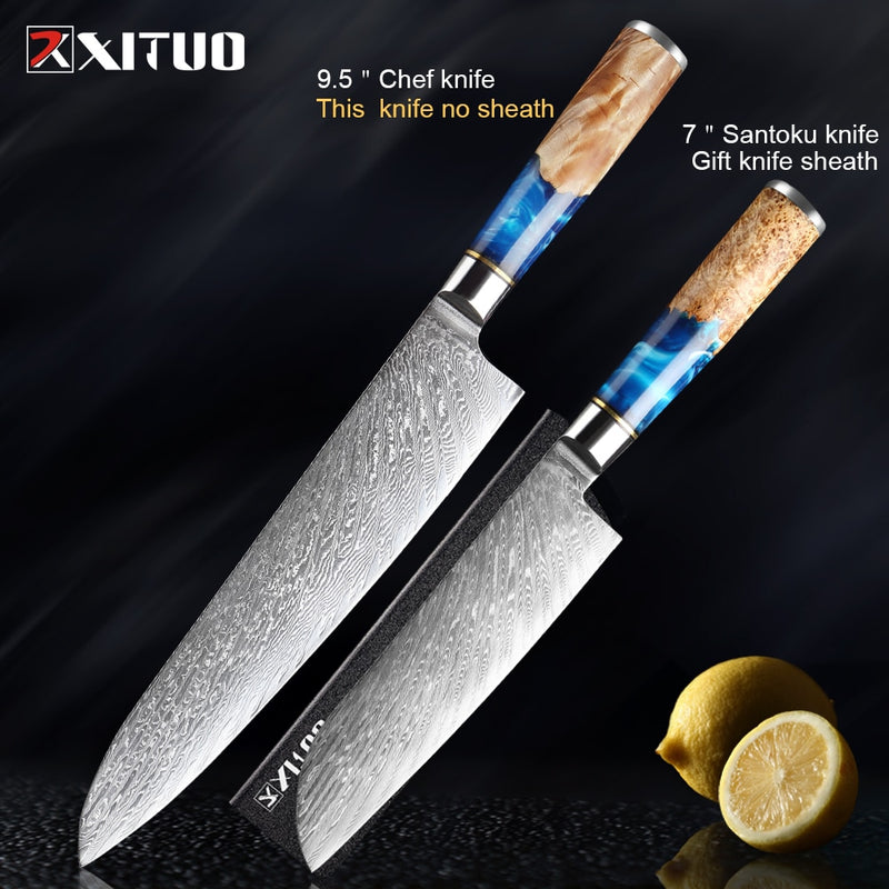 Juego de cuchillos de cocina XITUO, cuchillo de Chef de acero de Damasco, cuchillo de carnicero para pelar, cuchillo de pan, herramienta de cocina, mango de resina azul, 1-6 unids/set