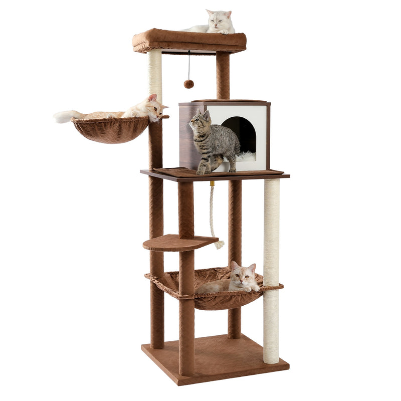 Torre de actividades para gatos moderna con árbol para gatos de varios niveles de pulgadas con postes para rascar sisal hamaca y juguete para gatos con percha superior extragrande