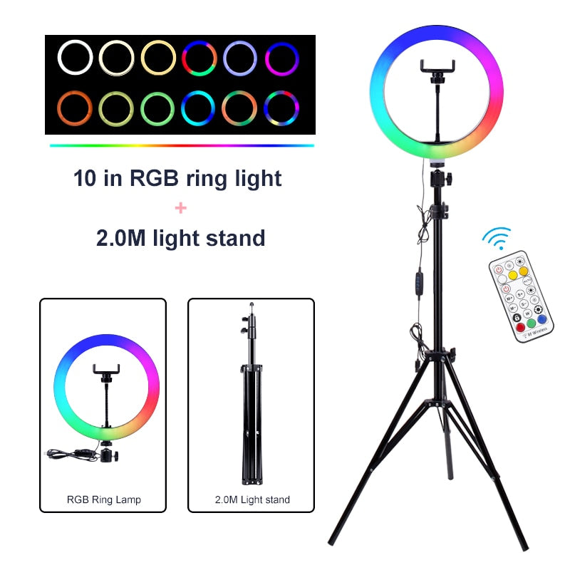 LED 10 Zoll RGB dimmbare Ringlampe mit Telefonclip Fernbedienung Fotografie Bunte Beleuchtung für YouTube Live Stream