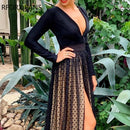 Deep V Dot Mesh Kleid Maxikleid Partykleid Schwarzes Kleid