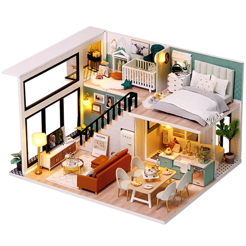 CUTEBEE Dollhouse Kit with Furniture Led Lights Diy Miniature House to Build Tiny Doll House Cozy Time for Children Toy Gift