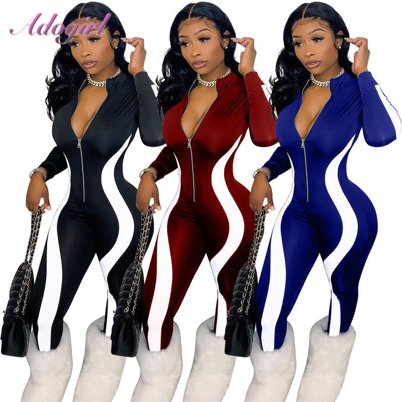 Fitness Sportwear Strampler Damen Casual Stripe Patchwork Langarm Reißverschlüsse V-Ausschnitt Workout Jumpsuit Outfit One Piece Overalls