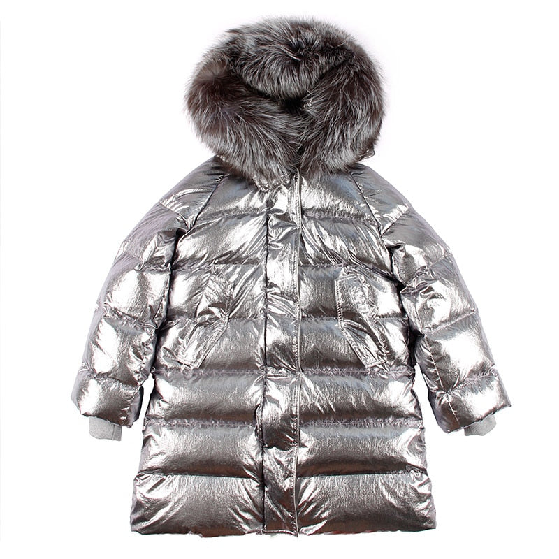 Women Winter Down Jacket Coat Long Warm Silver Parkas Mongolia Sheep Fur Duck Down
