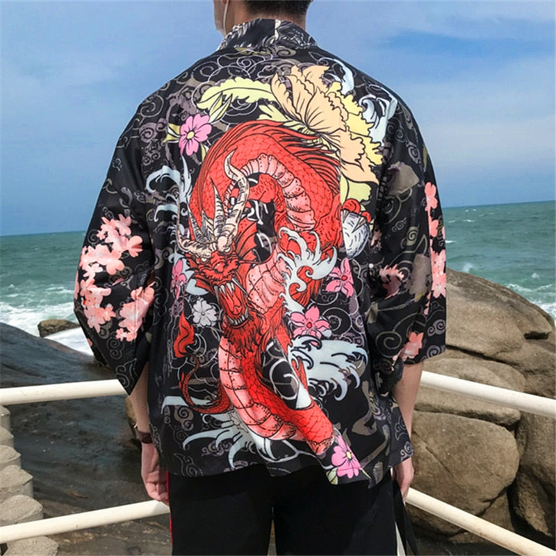 Bebovizi Dragon Print Yukata Men Women Fashion Cardigan Loose Blouse Haori Obi Asian Clothes Harajuku Japanese Cosplay Kimono