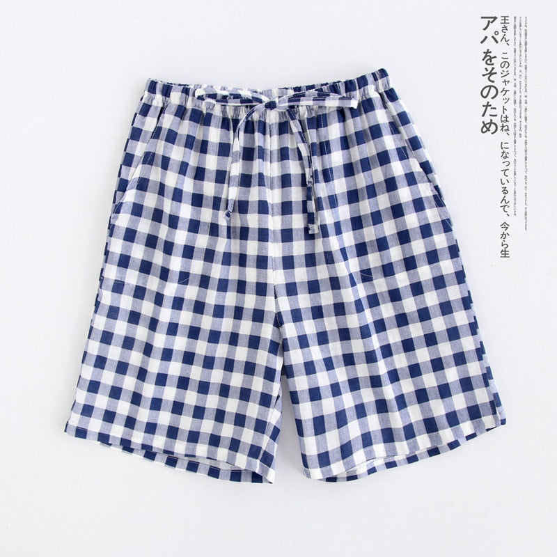 Paar Pyjamas Sommer Baumwolle Gaze Shorts im japanischen Stil einfache elastische Taille lässig große Gitter Männer und Frauen zu Hause Hosen
