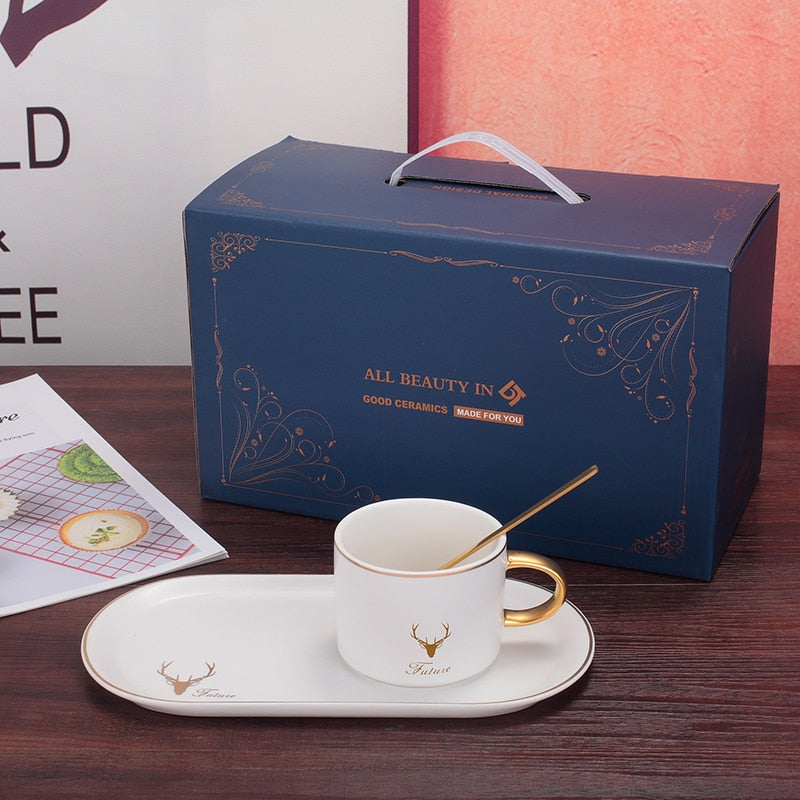 European Luxurious Gold Rim Ceramics Coffee Cups And Saucers Spoon Sets With Gift Box Tea Soy Milk Breakfast Mugs Dessert Plate