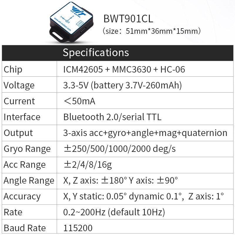 Acelerómetro Bluetooth de alta precisión BWT61CL + giroscopio + ángulo (XYZ, 100HZ), inclinómetro MPU6050 AHRS de 6 ejes, compatible con PC/Android