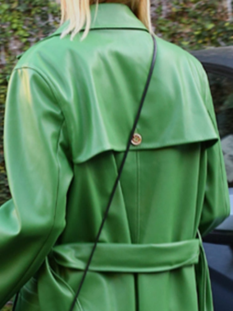 Lautaro Herbst Extra Langer Grüner Leder Trenchcoat für Damen Langarm Schärpen Einreiher Maxi Mantel 2021 Streetwear