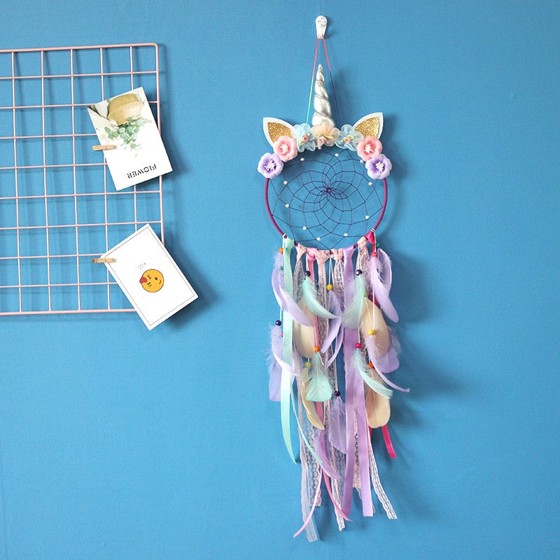 Atrapasueños niños unicornio atrapasueños pluma decoración de pared para niñas dormitorio flor colgante de pared decoración flor