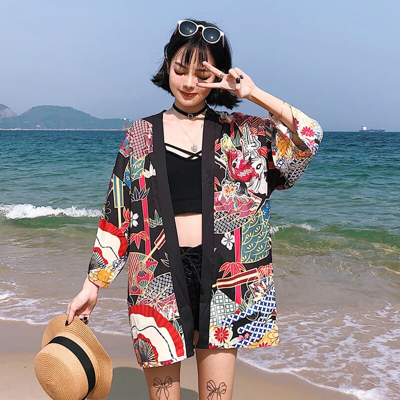 Yukata Frauen Kimono Cardigan Japan Kimonos Asien Kleidung Sommer Fischdruck Shirt Top Lässige Kimonos Kawaii Kimono Cosplay Kostüm