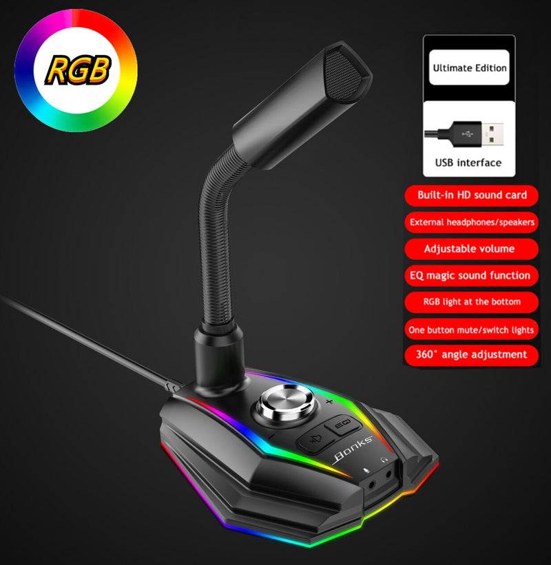 Microphone HD Sound Card RGB Back light Game Live Voice Conference Chat Recording Equipment fo PC notebook/Phone EQ Voice Change