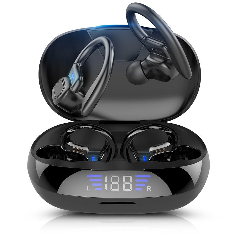 TWS Bluetooth-Kopfhörer mit Mikrofonen, Sport-Ohrbügel, LED-Anzeige, kabellose Kopfhörer, HiFi-Stereo-Ohrhörer, wasserdichte Headsets