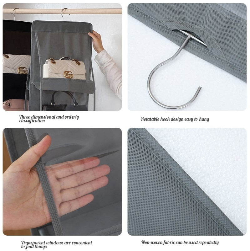 Faltbarer hängender Handtaschen-Kleidungs-Organizer für Dinge Kleiderschrank transparente Aufbewahrungstasche Handtasche Einkaufstasche Verschiedene Aufhänger