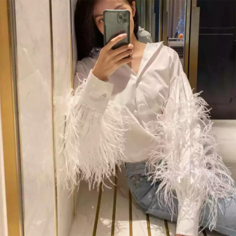 TWOTWINSTYLE Casual Patchwork Feather Blouse For Women Lapel Lantern Sleeve White Solid Shirt Female Fashion New Clothing 2021