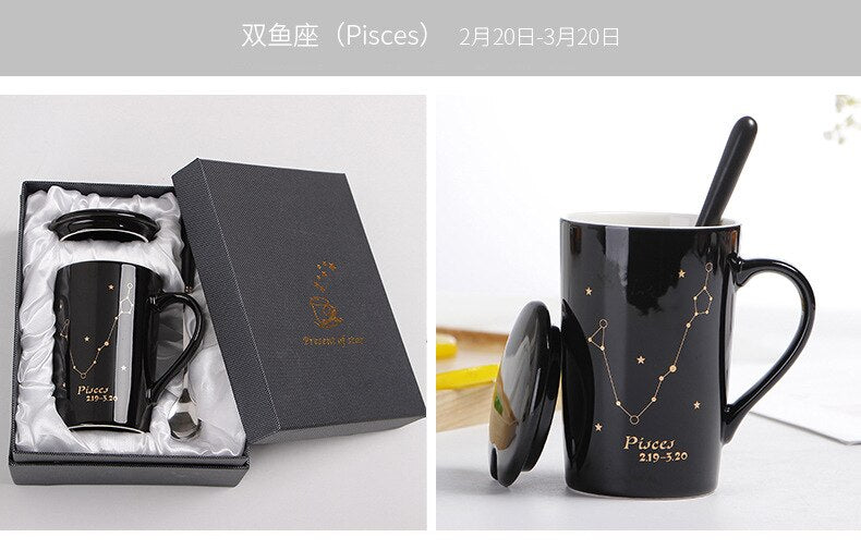 With Gift Box 12 Constellations Creative Ceramic Mugs with Spoon Lid Black and Gold Porcelain Zodiac Milk Coffee Cup 400ML Water