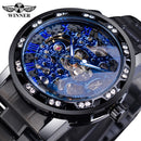 Winner Transparent Diamond Mechanical Watch Blue Stainless Steel Skeleton Watch Top Brand Luxury Business Luminous Male Clock