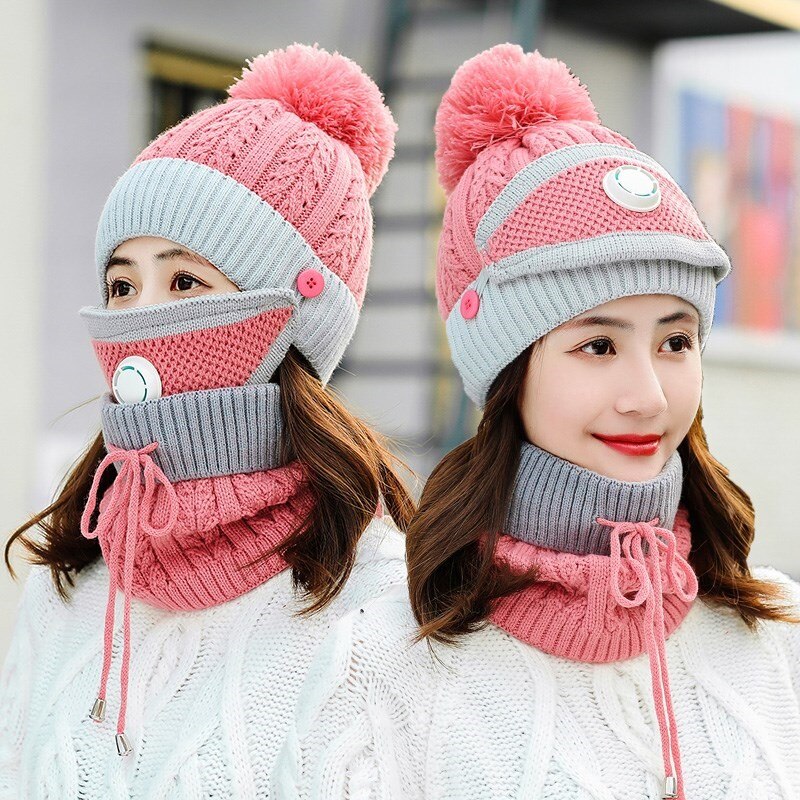 3 Pcs/set Winter Hats For Women With Breathing Mask 2in1 Knitted Hat Girl Pompoms Hat Warm Add Fur Lined Protective Winter Hat