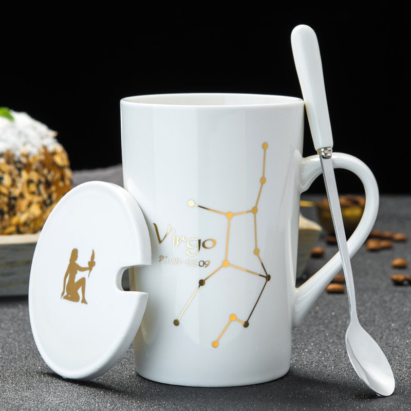 Tazas de cerámica con 12 constelaciones, tazas creativas con tapa de cuchara, taza negra de porcelana, taza de café con leche del zodiaco, regalo para parejas