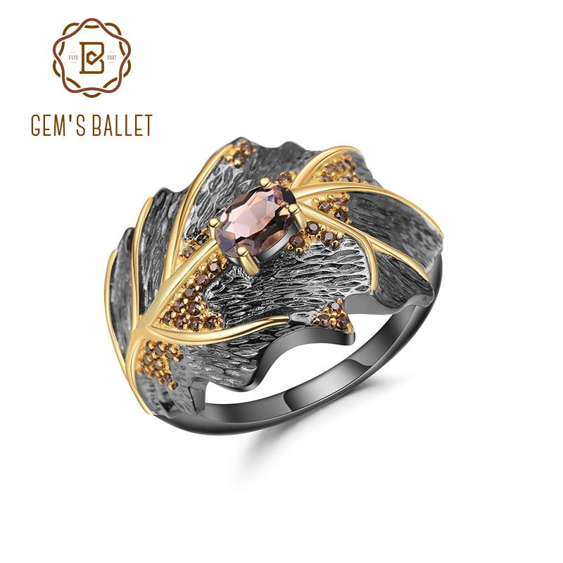 GEM'S BALLET 0,75 Karat Natürlicher Rauchquarz 925 Sterling Silber Handgemachte Ringe für Frauen Bijoux Georgia O'keeffe Blattring NEU