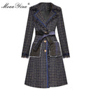 MoaaYina Fashion Designer Woolen cloth Windbreaker Overcoat Autumn Women Single-breasted Tassel Long sleeve Plaid Overcoat