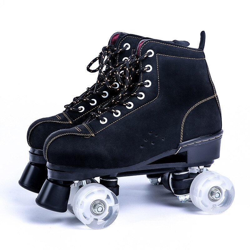 Black Lether Roller Skates Shoes 4-Wheel Double Row Flash Ourdoor Adult Man Woman Patines Shoes Europe Size 36-45