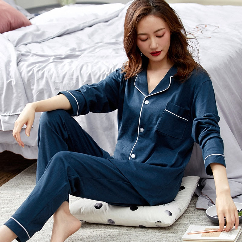 Women 100% Cotton Pajamas Winter Dormir Lounge Sleepwear Solid White Pijama Mujer Bedroom Home Clothes Pure Cotton Pyjamas PJs