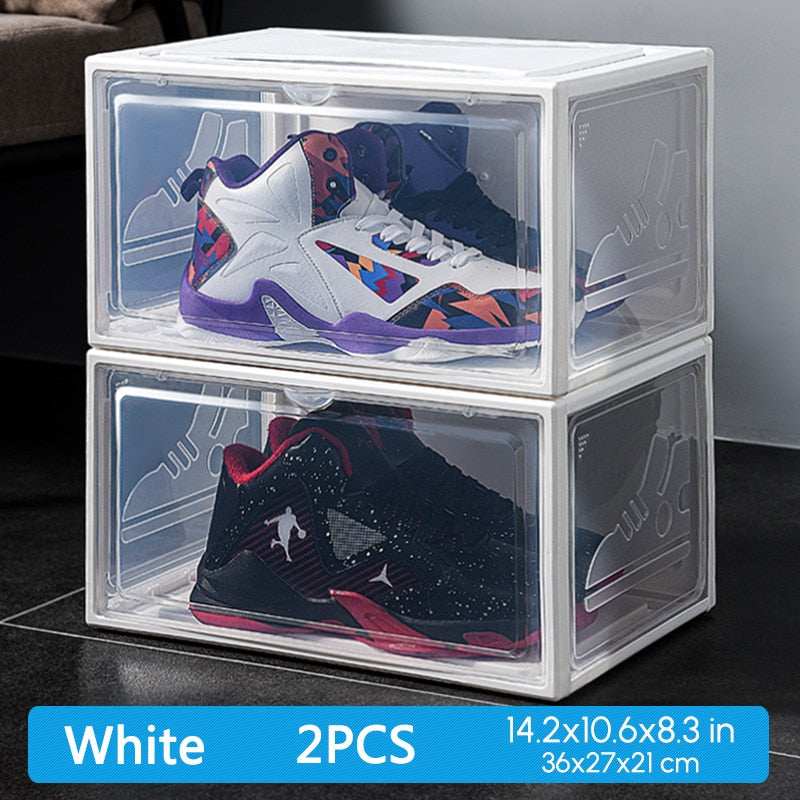 2er-Pack AJ Sneakers Box Gehärteter Kunststoff-Schuhkarton Stapelbarer Schrank Aufbewahrungsbox High-Top Staubdichter AJ-Schuh-Organizer Schuhregal