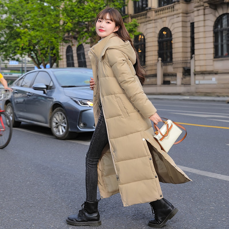 Parkas x-long para mujer, chaqueta de invierno informal con capucha sólida 2021 para mujer, abrigo grueso acolchado de algodón suelto con cuello levantado para mujer