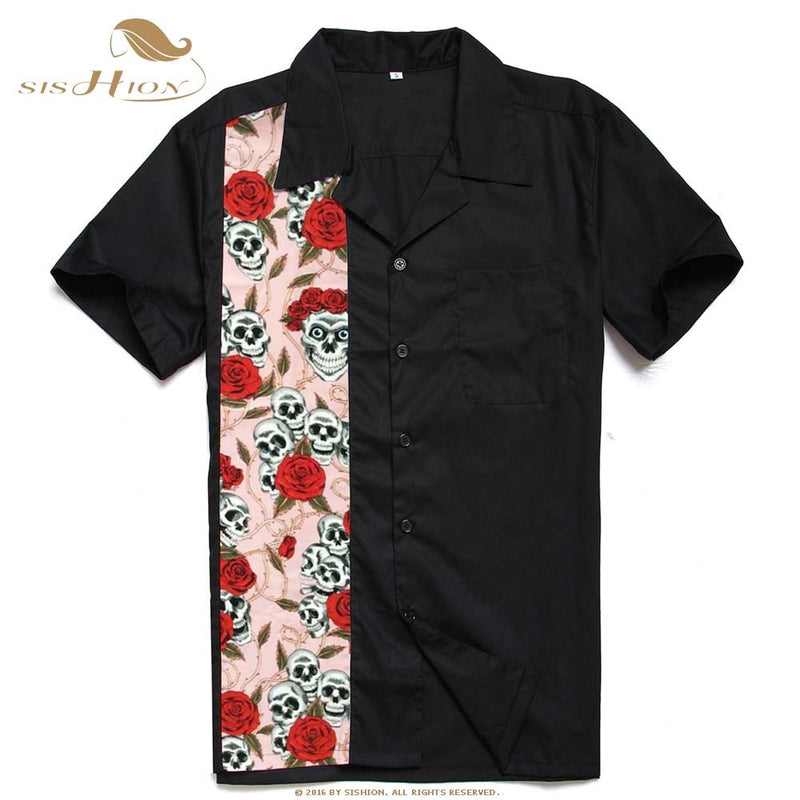 SISHION L-2XL Camisa de hombre ST110 Manga corta Negro Rojo Rockabilly Algodón Casual Camisas de bolos para hombres camisa masculina