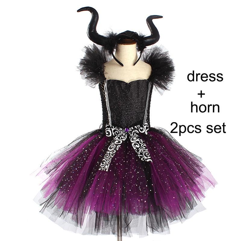 Girls Evil Dark Fairy Witch Tutu Dress with Horns and Wings Sparkly Kids Halloween Cosplay Party Costume Fancy Evil Devil Dress