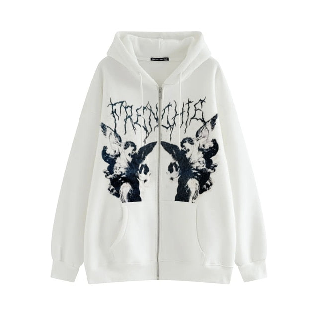 Hip Hop Streetwear Women Hoodies Goth Angel Dark Print Zipper Jacket Coat Harajuku Y2K Hooded Top Clothes Men Women Punk Outwear