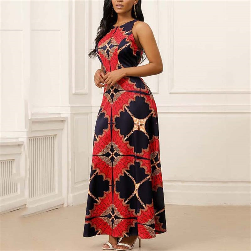 African Clothes for Women Dashiki Print Dress European Clothing Plus Size Bazin Rich Sleeveless Fashion Round Neck Maxi Vestido