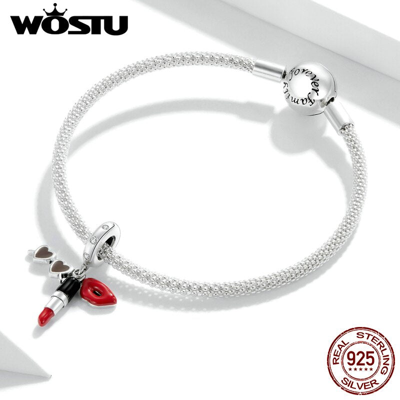 WOSTU Lipstick &amp; Sunglasses Charm 925 Sterling Silver CZ Enamel Bead Pendant Fit Original Bracelet DIY Necklace Jewelry CTC346