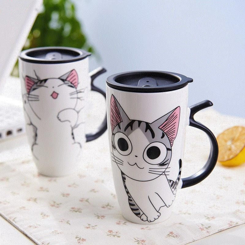 Taza de café de cerámica de gato bonito de 600ml con tapa, tazas de animales de gran capacidad, vasos creativos para beber, tazas de té y café, regalos novedosos, taza de leche