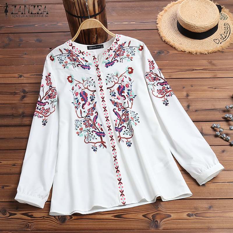 ZANZEA 2022 Mode Gedruckt Tops Frauen Herbst Bluse Bohemian V-Ausschnitt Langarm Shirts Weibliche Beiläufige Lose Blusas Übergroß