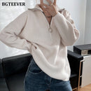 BGTEEVER Herbst-Winter-Reißverschluss-Rollkragen-Pullover Frauen beiläufige dicke lange Pullover Jumper weibliche lose Strickoberteile 2021