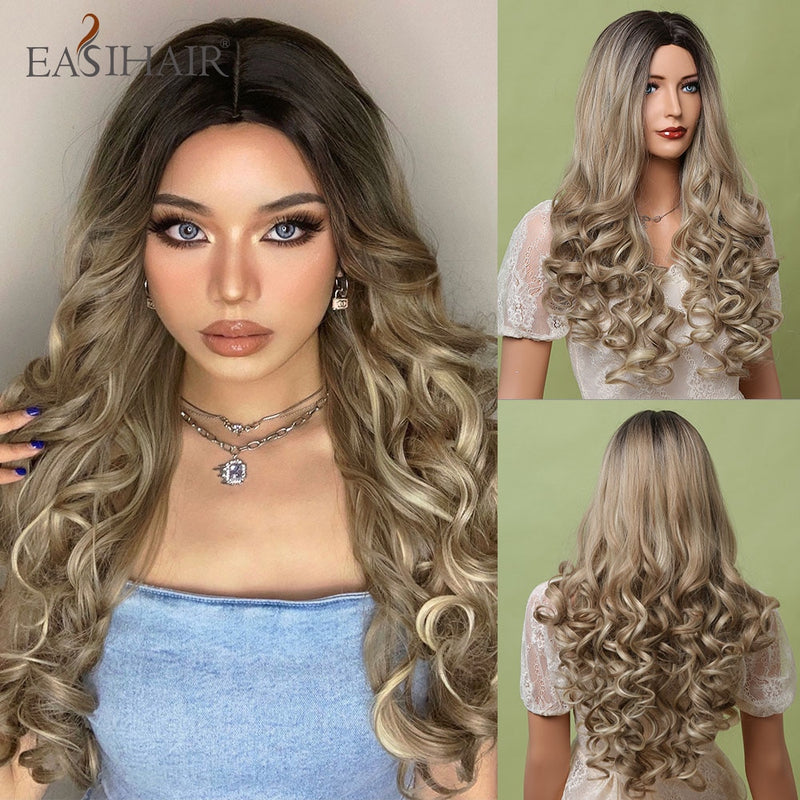 EASIHAIR Long Wavy Brown Synthetic Wigs With Blonde Highlights Cosplay Natural Hair Wigs High Temperature Fiber For Black Women