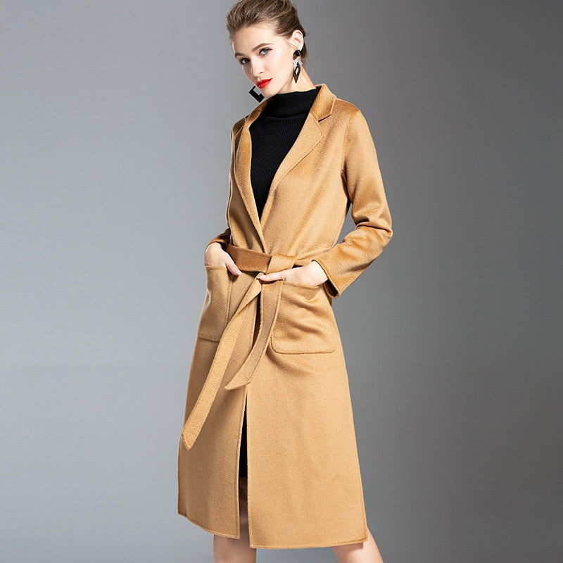 European and American water wave cashmere coat women&#39;s 2019 new medium and long winter wool coat double-sided women&#39;s cloth coat