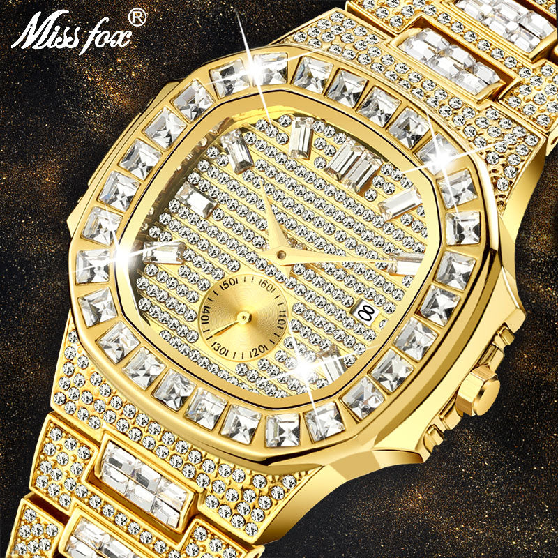 MISSFOX Luxus-Herrenuhr Gold 18 Karat Modell Vollständig gepflasterter Baguette-Diamant Herrenuhren Wasserdichter Kalender Männliche Uhr Stunden