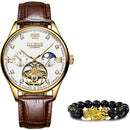 OLEVS, relojes mecánicos clásicos para hombre, reloj automático Tourbillon, reloj de pulsera militar resistente al agua de cuero genuino