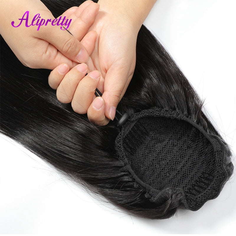 Extensiones de cabello humano de cola de caballo con clip en cola de caballo con cordón coletas de cabello brasileño recto para mujeres Remy 1 pieza