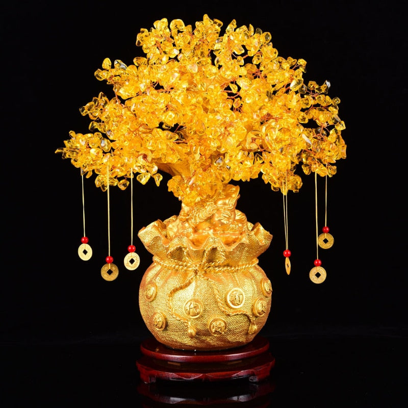 19/24cm Lucky Tree Wealth Yellow Crystal Tree Natural Money Tree Ornaments Bonsai Style Wealth Luck Feng Shui Ornaments Craft