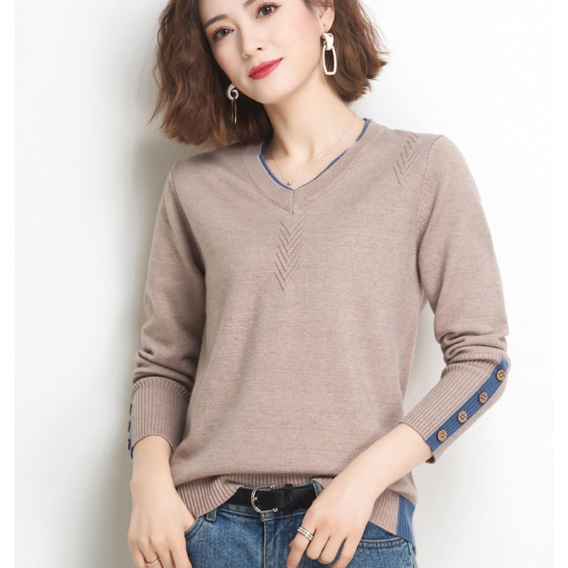 Shintimes cuello en V botón mujer suéter manga larga Delgado 2022 otoño suéteres pulóveres mujer ropa otoño tejido Pull Femme