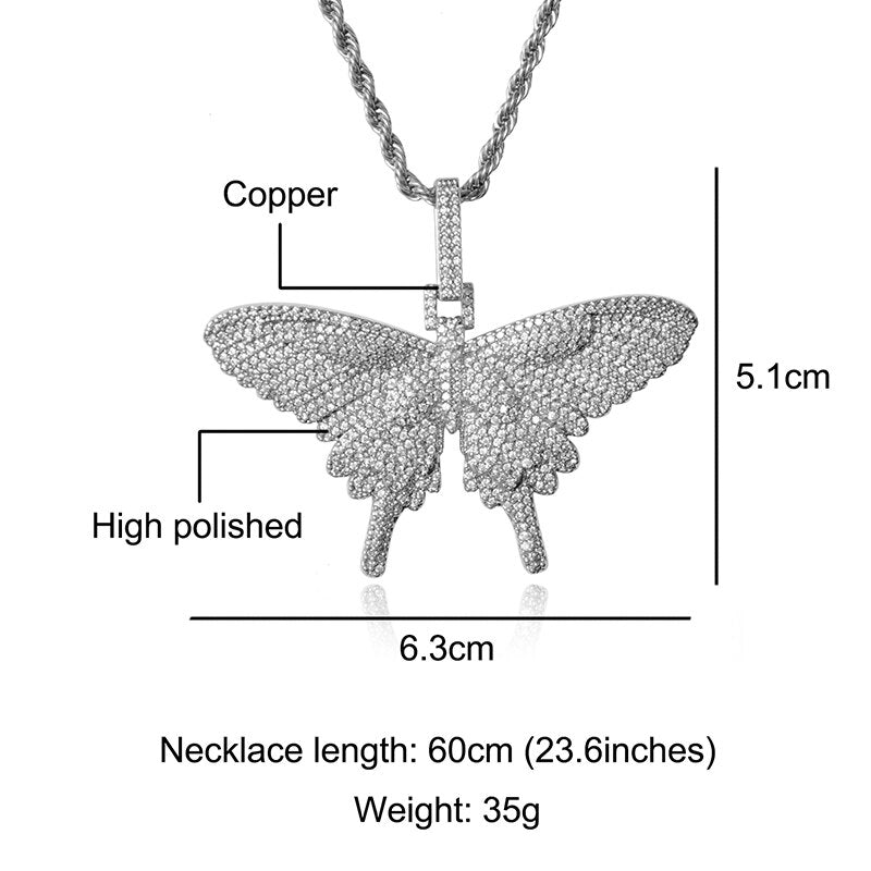 D&Z New Full Iced Out Butterfly Wings Pendant Necklace Solid Back Pendant Gold Silver Color Hip Hop Charm Chain Jewelry