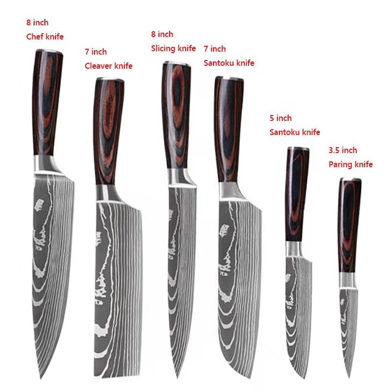 3/4/5/6/8/9 unids/set de acero inoxidable Damasco patrón Chef cuchillos juego de cuchillos de cocina carnicero cuchillo para deshuesar cuchillos vegetales