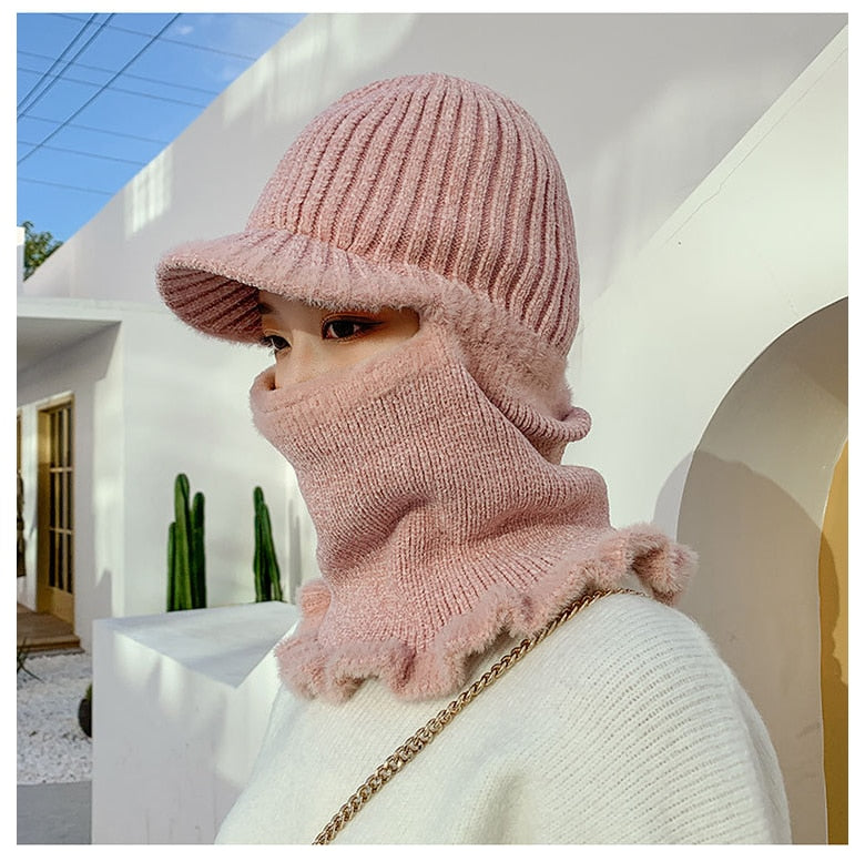 2021 Warm Neck Knit Hat Fur Pompoms Hat Mask Winter Hat For Girl Wool Knitted Hat Female Balaclava Caps Gorras Bonnet