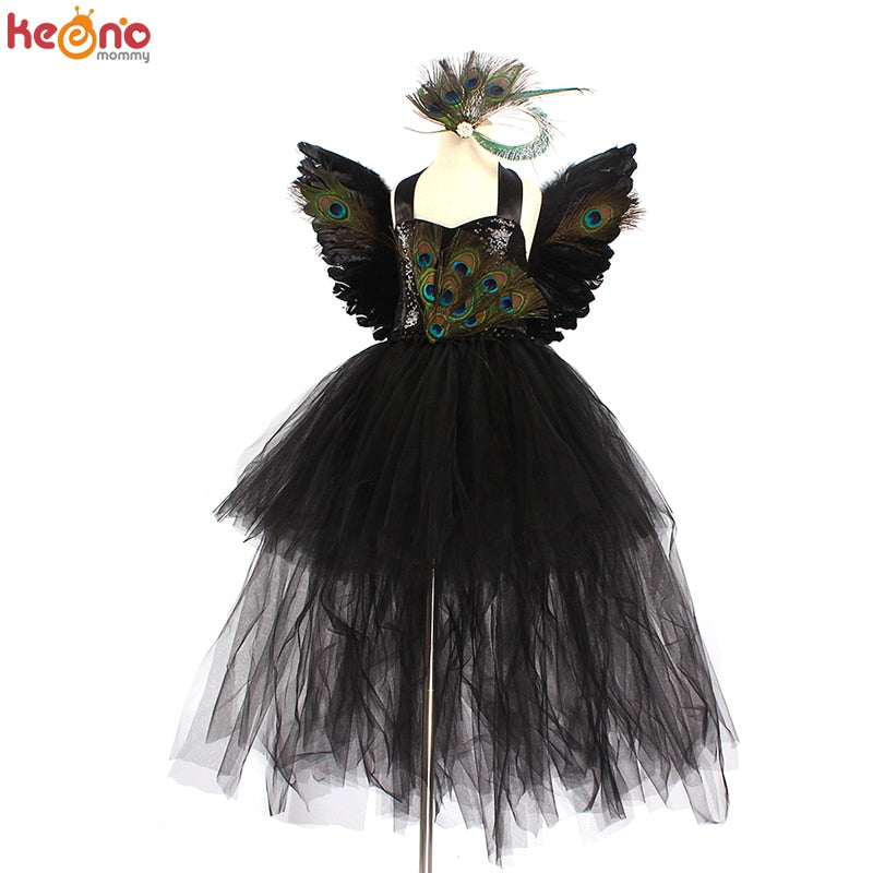 Fancy Pfauenfeder Mädchen Festzug Tutu Kleid mit Flügel Kinder Deluxe Pfau Tutu Kostüm Kleid Abend Party Halloween Kleidung